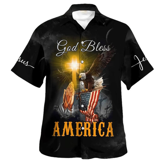 UniJames Praying Hands God Bless America Hawaiian Shirts For Men & Women - Christian Hawaiian Shirt - Hawaiian Summer Shirts
