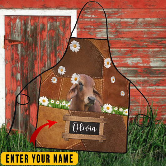 Uni Personalized Name Red Brahman Cattle All Over Printed 3D Apron