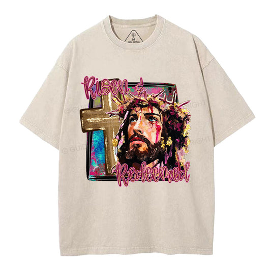 Risen And Redeemed Christian Washed T-Shirt Sale - GuidingCross