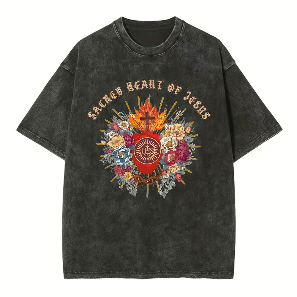 Sacred Heart Of Jesus Chirstian Washed T-Shirt Sale - GuidingCross