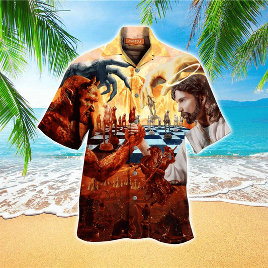 UniJames Satan Vs Jesus Battle Colorful Jesus Hawaiian Shirt - Christian Hawaiian Shirts For Men & Women