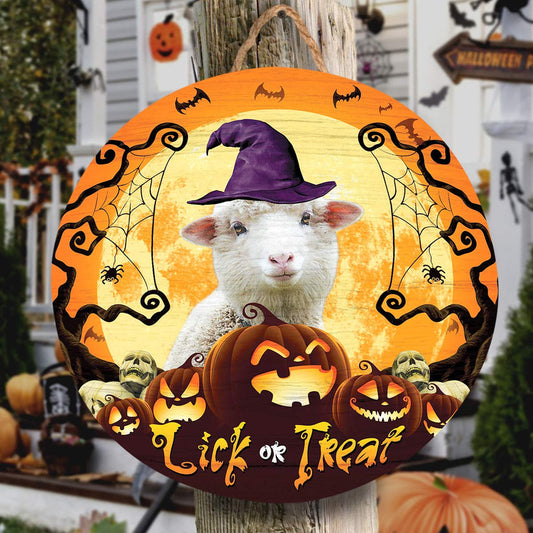 Uni Sheep Lick Or Treat Round Wooden Sign
