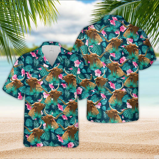 Unique Texas Longhorn Blue Floral Summer 3D Hawaiian Shirt