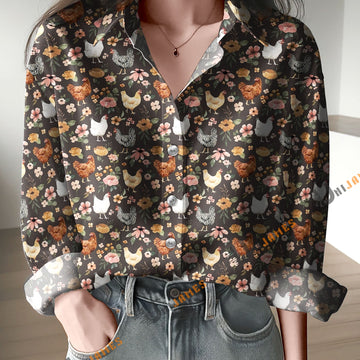 Unique Watercolor Chicken Floral on Muted Black Casual Shirt