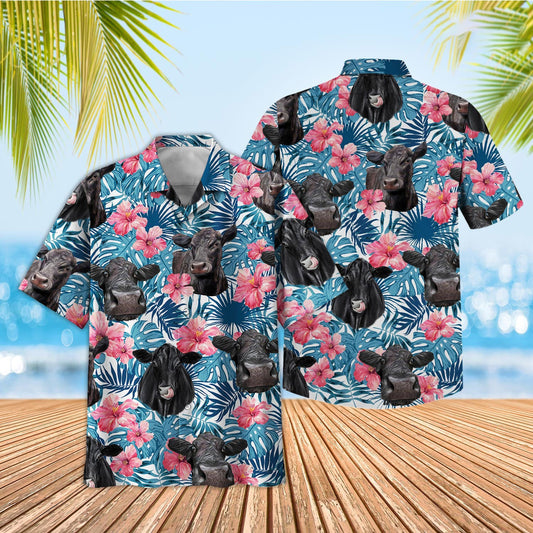 Unique Tropical Black Angus Blue Pink Floral 3D Hawaiian Shirt