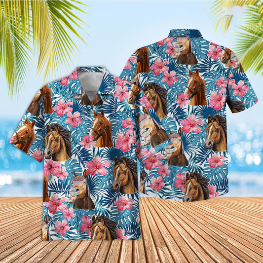 Unique Tropical Horse Blue Pink Floral 3D Hawaiian Shirt