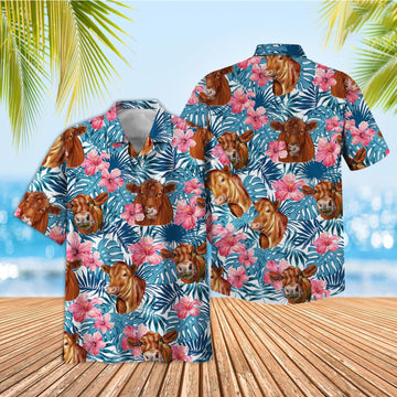 Unique Tropical Red Angus Blue Pink Floral 3D Hawaiian Shirt