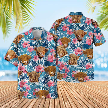 Unique Tropical Highland Blue Pink Floral 3D Hawaiian Shirt