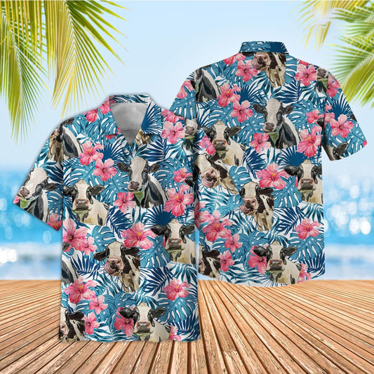 Unique Tropical Holstein Blue Pink Floral 3D Hawaiian Shirt