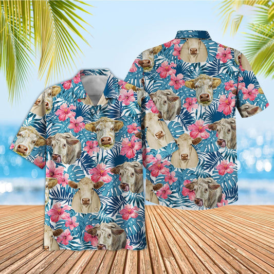 Unique Tropical Charolais Blue Pink Floral 3D Hawaiian Shirt