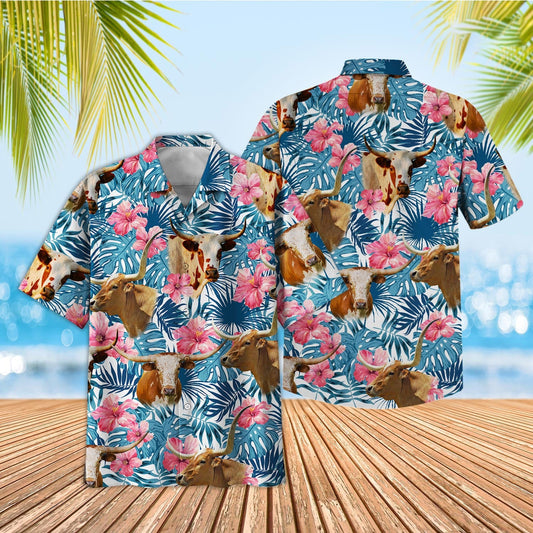 Unique Tropical Texas Longhorn Blue Pink Floral 3D Hawaiian Shirt