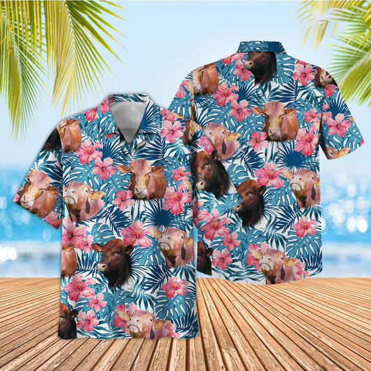 Unique Tropical Beefmaster Blue Pink Floral 3D Hawaiian Shirt