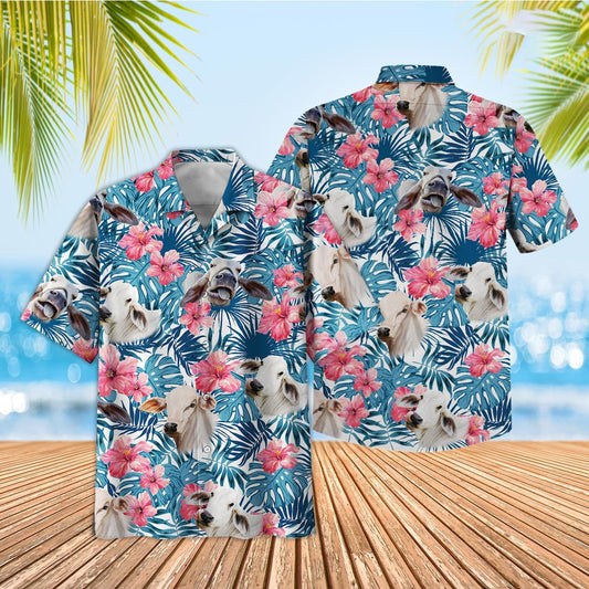 Unique Tropical Brahman Blue Pink Floral 3D Hawaiian Shirt