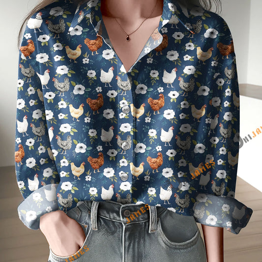 Unique Chicken Floral On Navy Blue Avaleigh Casual Shirt