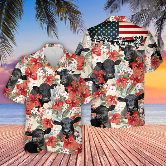 Uni Black Angus Hibicus Floral US Flag 3D Hawaiian Shirt