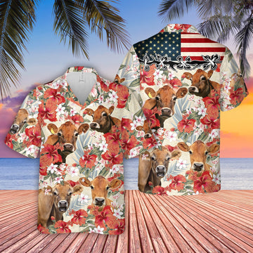 Uni Jersey Hibicus Floral US Flag 3D Hawaiian Shirt