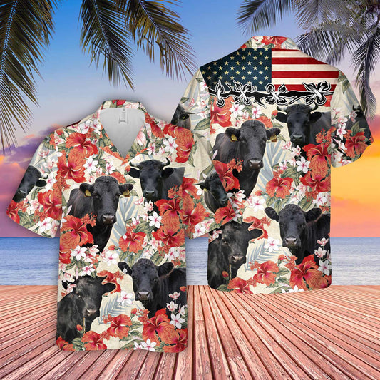 Uni Dexter Hibicus Floral US Flag 3D Hawaiian Shirt