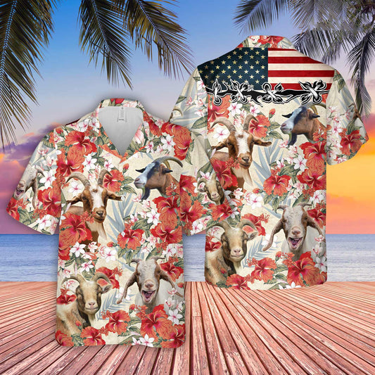 Uni Goat Hibicus Floral US Flag 3D Hawaiian Shirt