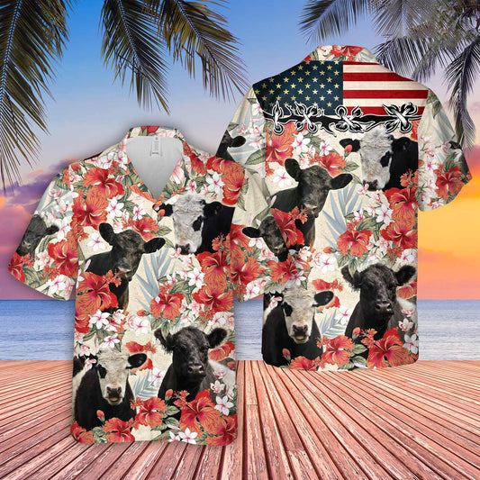 Uni Belted Galloway Hibicus Floral US Flag 3D Hawaiian Shirt