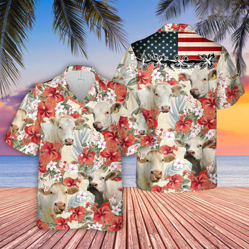 Uni Charolais No Horn Hibicus Floral US Flag 3D Hawaiian Shirt