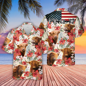Uni Highland Hibicus Floral US Flag 3D Hawaiian Shirt
