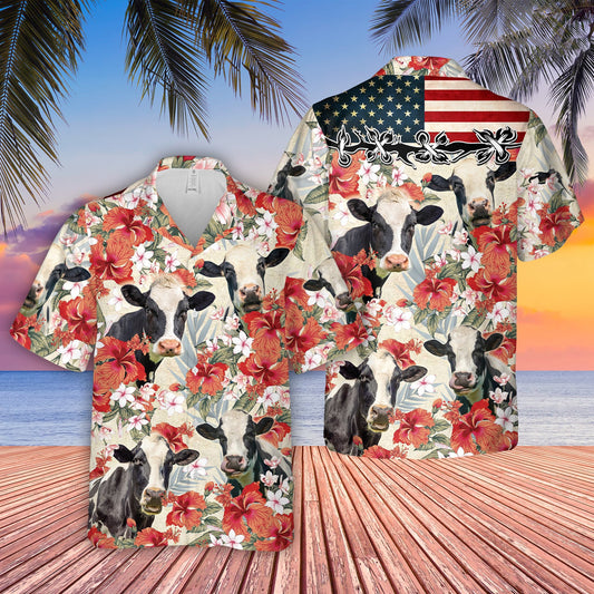 Uni Holstein Hibicus Floral US Flag 3D Hawaiian Shirt