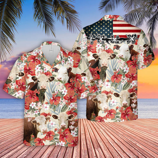 Uni Hereford Hibicus Floral US Flag 3D Hawaiian Shirt