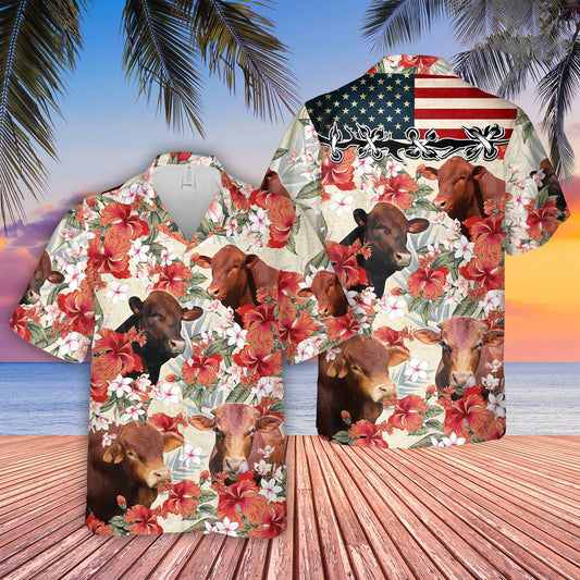 Uni Beefmaster Hibicus Floral US Flag 3D Hawaiian Shirt