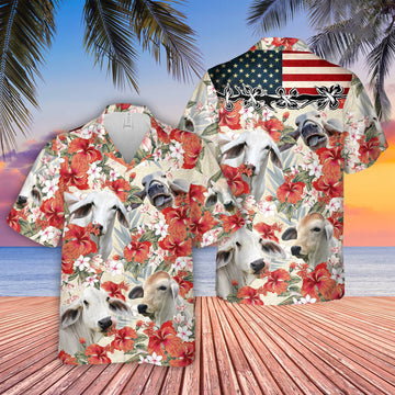 Uni Brahman Hibicus Floral US Flag 3D Hawaiian Shirt