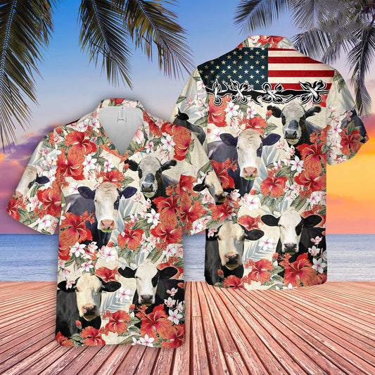 Uni Black Baldy Hibicus Floral US Flag 3D Hawaiian Shirt