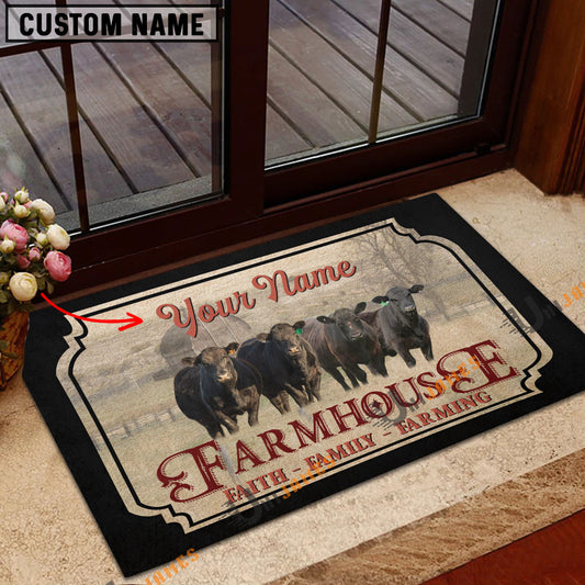 Uni Black Angus Faith Family Farming Black Border Custom Name Doormat