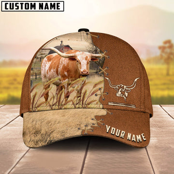 Uni Texas Longhorn Custom Name Brown Leather Pattern Cap