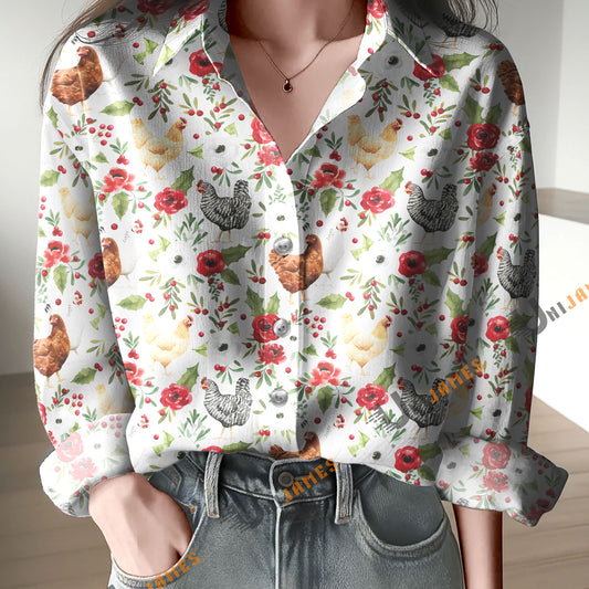 Unique Holly and Pine Christmas Chicken Floral Pattern Casual Shirt