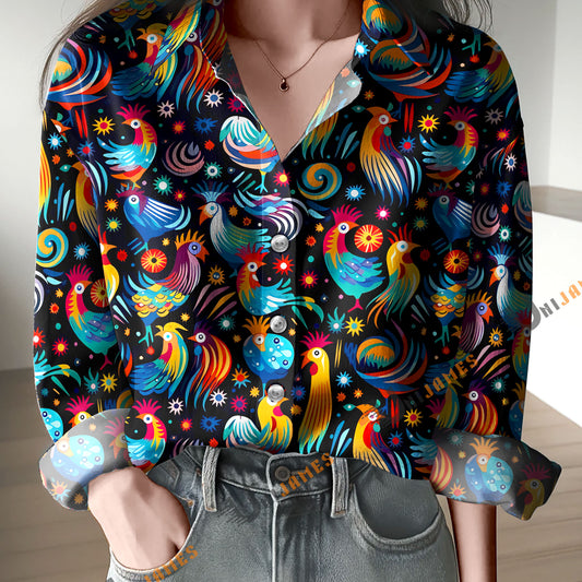 Unique Vibrant Whimsical Chickens Pattern Casual Shirt