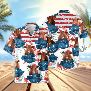 Uni Red Angus US Flag Flower Hawaiian Shirt