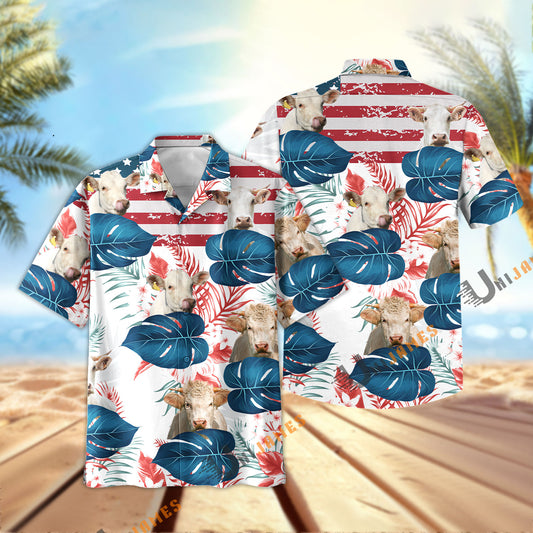 Uni Charolais US Flag Flower Hawaiian Shirt