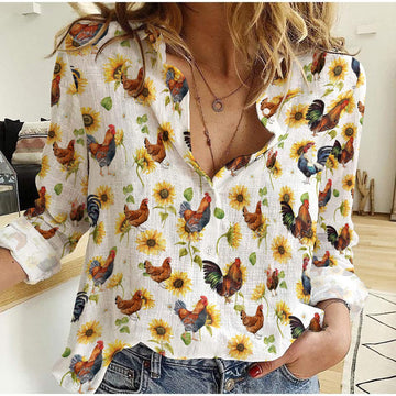 Unique Chicken Sunflowers Pattern Casual Shirt