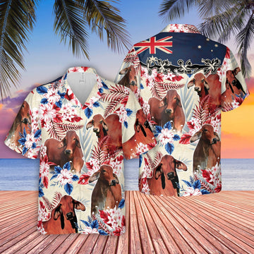 Unique Red Brahman Cattle Australia Flag Hawaiian Flowers Hawaiian Shirt