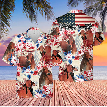 Unique Red Brahman Cattle American Flag Flowers Hawaiian Shirt
