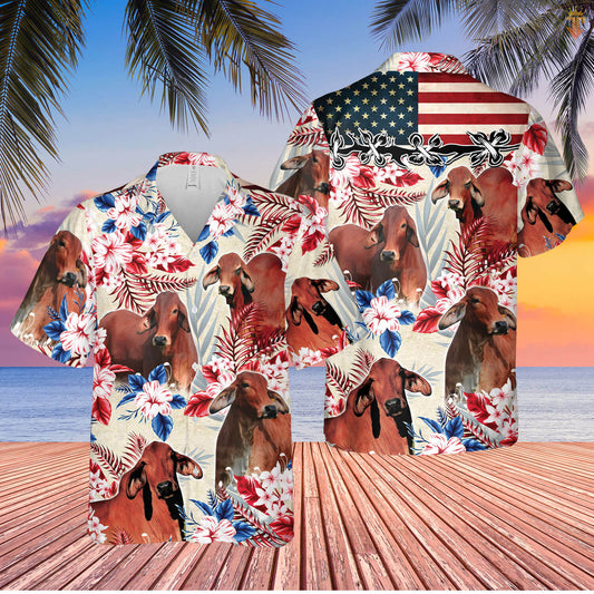 Unique Red Brahman Cattle American Flag Flowers Hawaiian Shirt