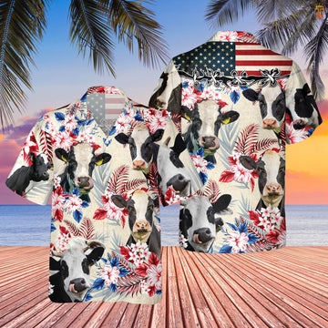 Unique Holstein Friesian Cattle American Flag Flowers Hawaiian Shirt