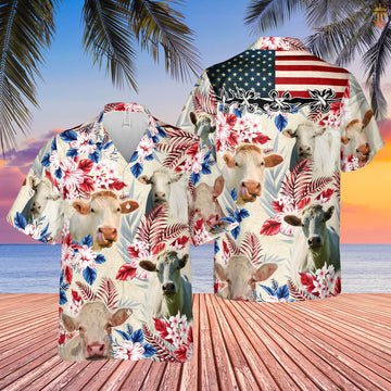 Unique Charolais Cattle American Flag Hawaiian Flowers All Over Printed 3D Hawaiian Shirt