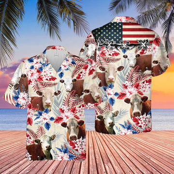 Unique Hereford Cattle American Flag Hawaiian Flowers All Over Printed 3D Hawaiian Shirt