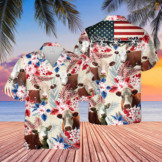 Unique Hereford Cattle American Flag Hawaiian Flowers All Over Printed 3D Hawaiian Shirt