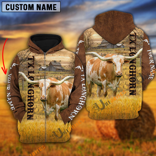 Uni Personalized Name Farm TX Longhorn Cattle Brown Hoodie