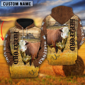 Uni Personalized Name Farm Hereford Cattle Brown Hoodie