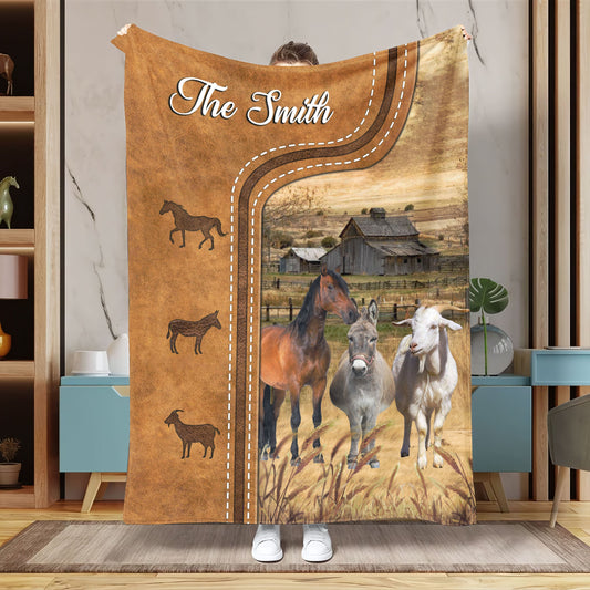 Uni Personalized Horse, Donkey and Goat In Field Farmhouse Blanket