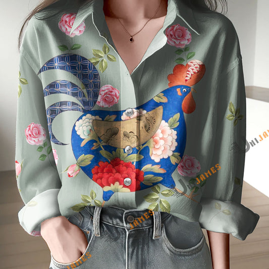 Unique Chicken Pattern Blue Casual Shirt