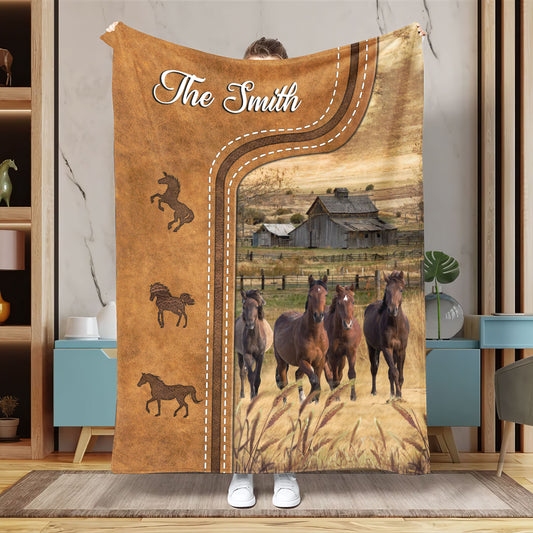 Uni Personalized Horse In Field Farmhouse Blanket