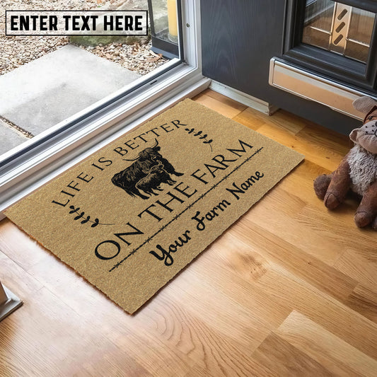 Uni Highland Life Is Better On The Farm Custom Name Coir Doormat